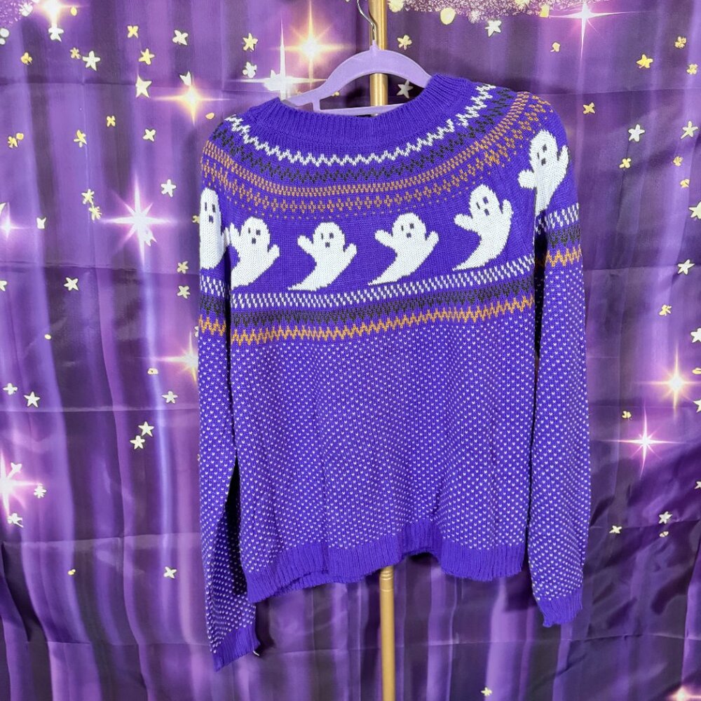 Unknown - Playful Ghost Pattern Purple Sweater - … - image 1